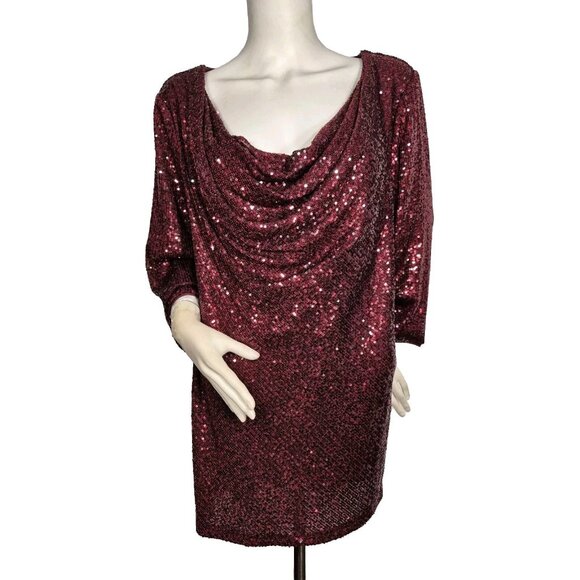 Alex Evenings Women's Size 1X Red Sequined Cowl Neck Blouse Tunic Top Plus (46) - Picture 2 of 14